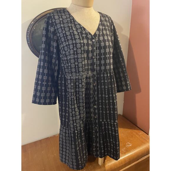 Pure Jill Elements Tiered Cotton Black White V-neck Dress Petite M Boho Prairie - Picture 1 of 7